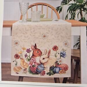 EMME Jacquard Gobelin Style Tapestry Table Runner EASTER BUNNY 18x63” NWT Rabbit
